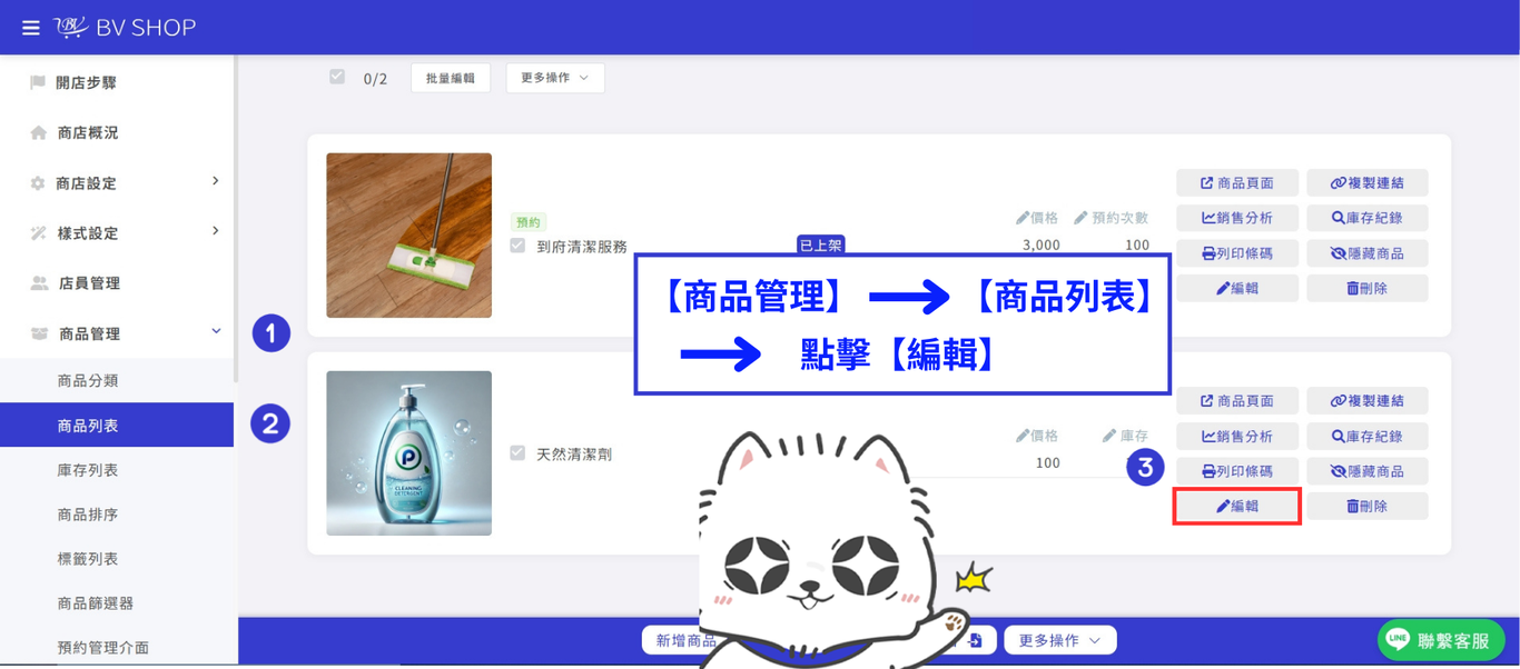BVSHOP 商品列表進入商品編輯頁面