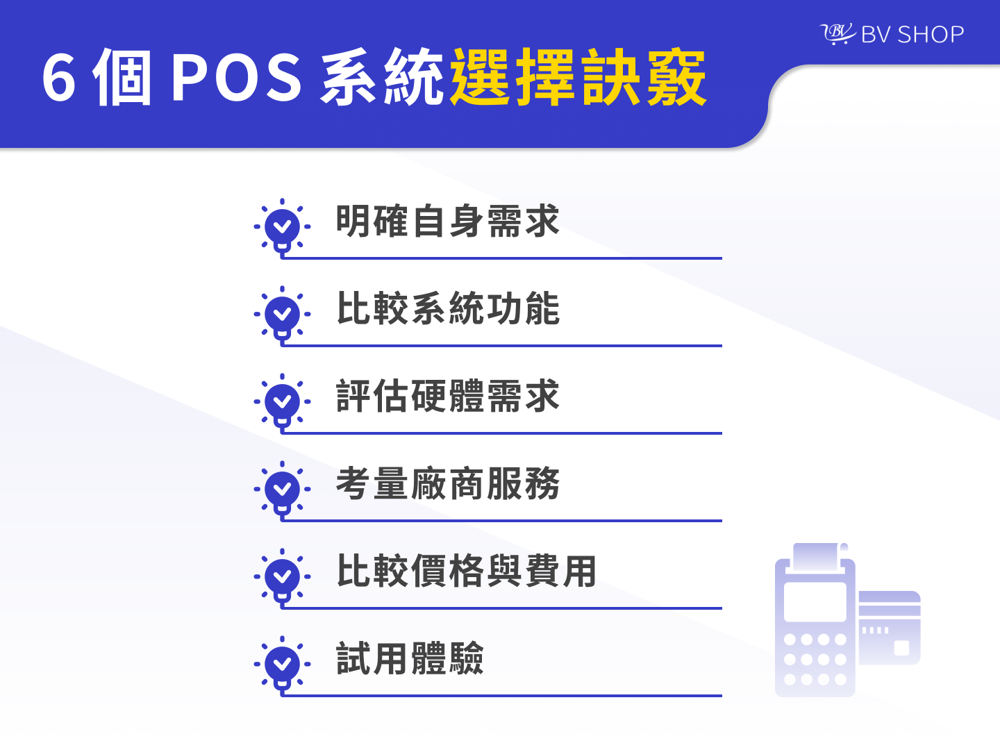 1. 明確自身需求 2. 比較系統功能 3. 評估硬體需求 4. 考量廠商服務 5. 比較價格與費用 6. 試用體驗