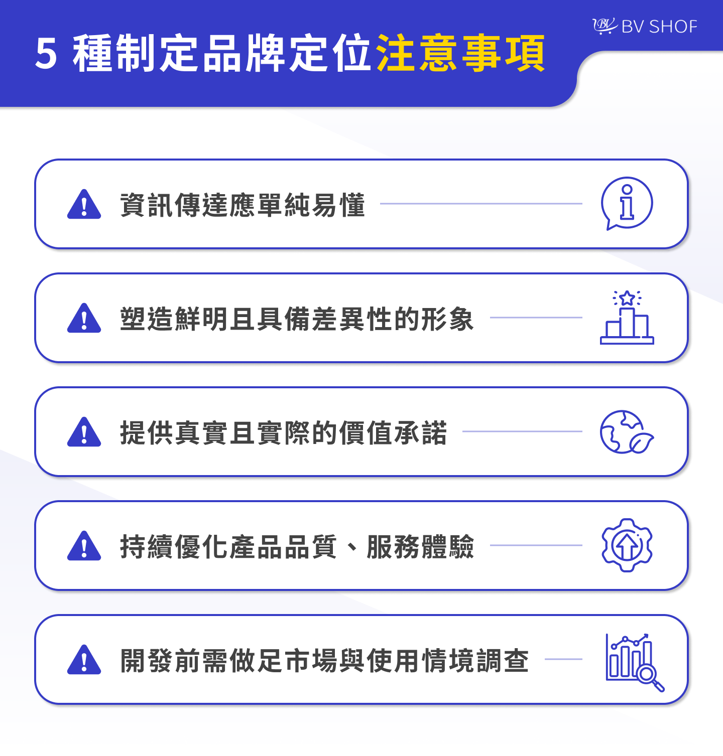資訊傳達應單純易懂 塑造鮮明且具備差異性的形象 提供真實且實際的價值承諾 持續優化產品品質、服務體驗 開發前需做足市場與使用情境調查
